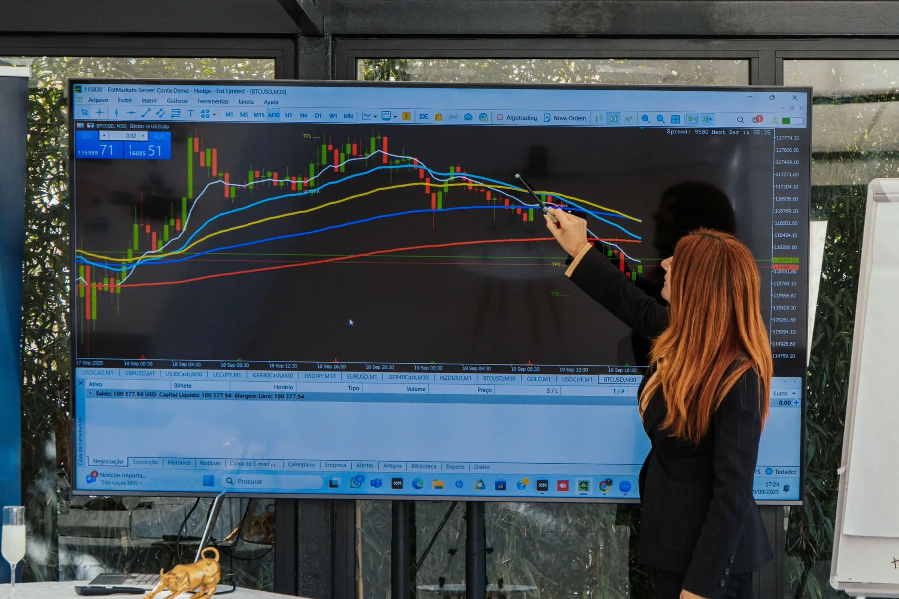 Jaciara aponta para um gráfico de mercado num ecrã.