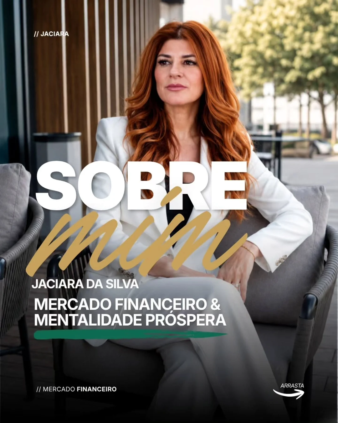 Jaciara de terno branco apresenta o carrossel Sobre mim.